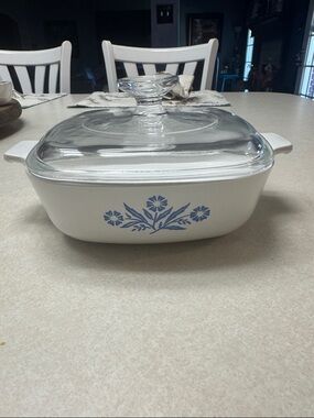 Vintage Corningware White Casserole with Blue Floral Pattern and Glass Lid 1 qt